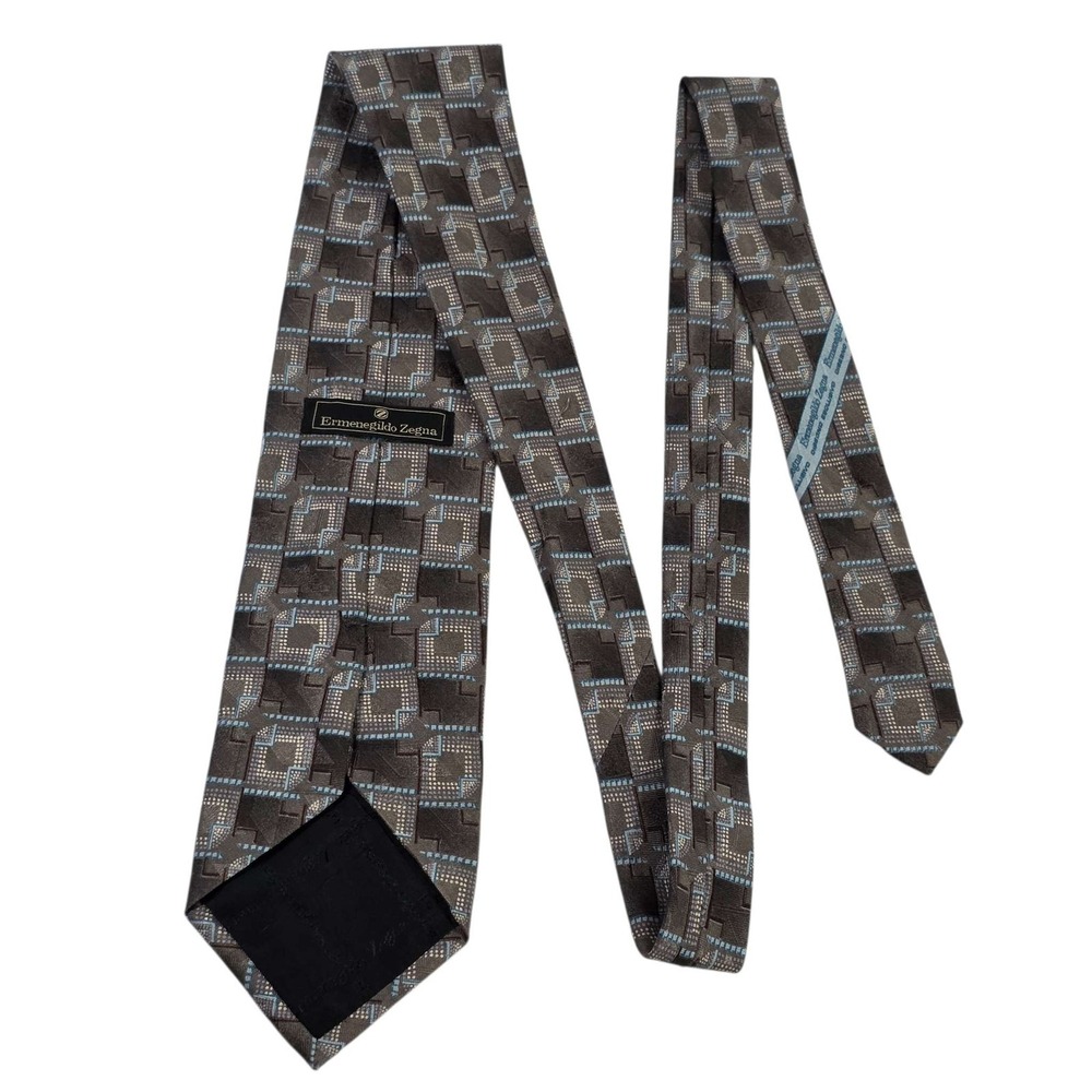 Ermenegildo Zegna Disegno Esclusivo Mens‎ Silk Tie Geometric Pattern Brown Blue